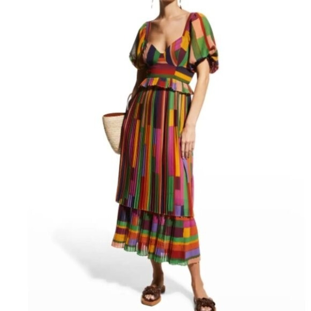 Farm Rio‎ Painted Stripes Blouson-Sleeve Pleated Dress - Size Small - Picture 2 of 5